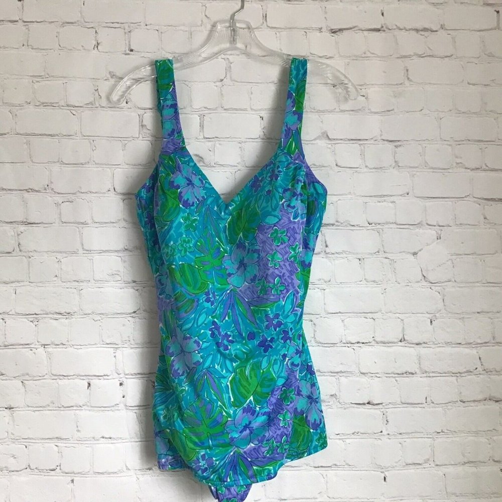 Maxine of Hollywood Swimsuit 18 V Neck Button Adjustable Straps Modesty Panel
